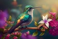 beautiful hummingbird on a branch,colored hummingbird on a branch with blooming flowers, Generative AI Royalty Free Stock Photo