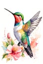 beautiful hummingbird in flight among the flowers painted in watercolor style Royalty Free Stock Photo