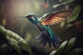 Beautiful hummingbird flying in the jungle. Wildlife closeup scene from tropics