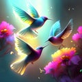 Beautiful hummingbirds flying in the sky with flowers. 3d rendering Generative AI