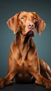 Beautiful hungarian vizsla dog full body studio portrait blue background
