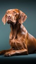 Beautiful hungarian vizsla dog full body studio portrait blue background