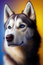 Beautiful husky dog on blue yellow coloured background. Studio shot. Photorealistic AI generative illustration.