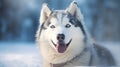 beautiful husky dog close up in the snow in winter