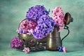 Hyacinth flowers in a copper pitcher Royalty Free Stock Photo