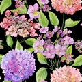 Beautiful hydrangea flowers with green leaves against black background. Seamless floral pattern. Watercolor painting.