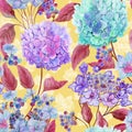 Beautiful hydrangea flowers with leaves against yellow background. Seamless floral pattern. Watercolor painting.