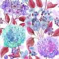 Beautiful hydrangea flowers in pink, lilac, purple tints on white background. Seamless soft floral pattern. Watercolor painting.