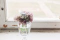 Beautiful hydrangea flowers in vintage glass with water on rustic white wood of old windowsill. Countryside still life. Happy Royalty Free Stock Photo