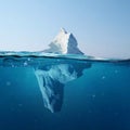 Beautiful iceberg in the ocean with a view under water. Global warming concept. Melting glacier.