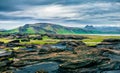 Beautiful Icelandic landscape on the south coast of Iceland. Dramatic summer morning with volcanic ground. Artistic style post pro Royalty Free Stock Photo