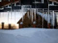 Beautiful icicles on a background of a country house and snow snowdrift. Snowing, winter Royalty Free Stock Photo