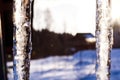 Beautiful icicles shine in sun against blue sky. spring landscape with ice icicles hanging from roof of house. Spring drops icicle Royalty Free Stock Photo