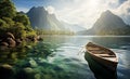 Beautiful iconic Thailand landscape with mountains, sea, fisherman boat and ancient temples at early morning lights