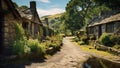 Beautiful iconic view at old English village, street with stone made cottages at sunny summer day