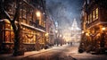 Beautiful idyllic europien street with Christmas lights and decoration at New Year Eve Royalty Free Stock Photo