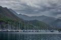 Beautiful idyllic mountain landscape sea. Amazing mountain landscape on the cloudy sky, Stormy clouds over the coastal rocks. Royalty Free Stock Photo