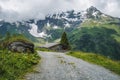 Beautiful idyllic nature green meadow of Alps mountains range covered with snow on summer day. Austria aerial view Royalty Free Stock Photo