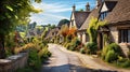 Beautiful idyllic old English village street with cottages made of stone and front garden with flowers Royalty Free Stock Photo