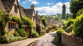 Beautiful idyllic old English village street with cottages made of stone and front garden with flowers