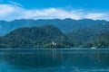 Beautiful idyllic panorama view of Lake Bled with Bled Island, Church of the Mother of God and Slovenian Julian Alps Royalty Free Stock Photo