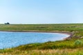 Summer landscape with field, lake and house Royalty Free Stock Photo