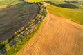 Beautiful idyllic summer landscape of Toscana with many mediterranean plants, hills, trees and fields.