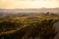 Beautiful idyllic sunny late summer landscape of Toscana with hills, trees, fields and forests. Evening or morning in Italy. Royalty Free Stock Photo