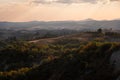 Beautiful idyllic sunny late summer landscape of Toscana with hills, trees, fields and forests. Evening or morning in Italy. Royalty Free Stock Photo