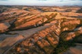 Beautiful idyllic sunny late summer landscape of Toscana with house, hills, trees and fields.