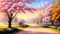 Beautiful idyllic view, oil painting of trees covered with flowers with mountains in the background