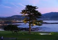 Beautiful illuminated golf course with ocean background