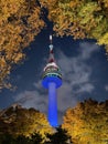 Beautiful illuminated  N-SEOUL TOWER at namsan mountain in Seoul during autumn, Royalty Free Stock Photo