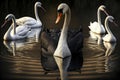 Beautiful illustrated painting, several black swans swim next to a white swan. AI generated