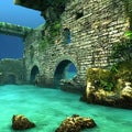 Beautiful illustration of Ancient ruins underwater, deep blue sea, arch, medieval, old, historic, generative ai Royalty Free Stock Photo