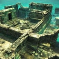 Beautiful illustration of Ancient ruins underwater, deep blue sea, arch, medieval, old, historic, generative ai Royalty Free Stock Photo