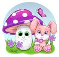 Cute cartoon pink rabbit with mushroom and butterfly.