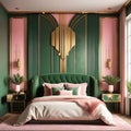 Bedroom interior. Art deco style. Design with green pink and gold color. 3d rendering. Royalty Free Stock Photo