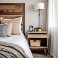 Bedside cabinet next to bed: rustic cabinet next to bed with beige pillows farmhouse interior design of contemporary bedroom Royalty Free Stock Photo