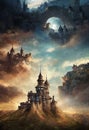 A beautiful illustration of castle in fantasy world, beautiful view as a background , historical building