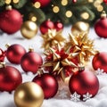 beautiful illustration of a Christmas background with Christmas tree toys, golden-red balls, stars, with green branches of a Royalty Free Stock Photo