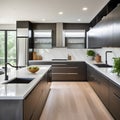 A contemporary kitchen is sleek and spotless