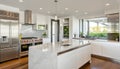 A contemporary kitchen is sleek and spotless