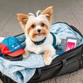 Adorable pet curled up on an open travel bag wearing apparel Royalty Free Stock Photo