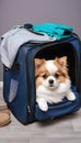 Adorable pet curled up on an open travel bag wearing apparel Royalty Free Stock Photo