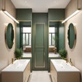 3d modern contemporary chic beige bathroom with two rectangle brass mirrors and a green cabin