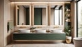 3d modern contemporary chic beige bathroom with two rectangle brass mirrors and a green cabin