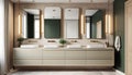 3d modern contemporary chic beige bathroom with two rectangle brass mirrors and a green cabin