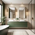 3d modern contemporary chic beige bathroom with two rectangle brass mirrors and a green cabin