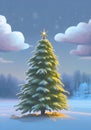 Illustration of a Large Christmas Tree in a Snowy Landscape With A Large Tree Topper star Royalty Free Stock Photo